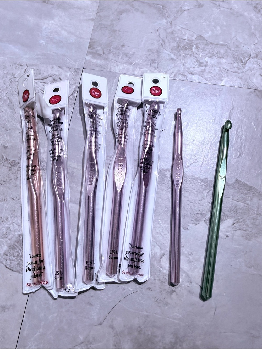 Lot of 7 Boye  Aluminum Crochet Hooks - Mixed Sizes (N, L, K, J)